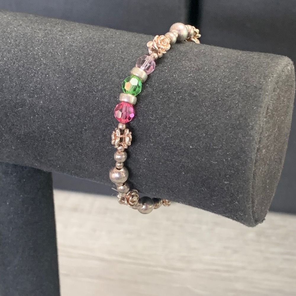 Silver Tone Rose Flower Beaded Bracelet Magnetic Pink Green Crystal 5170